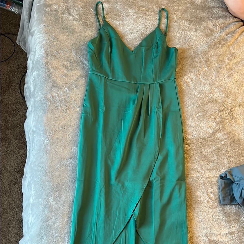 Amazon Green Asymmetrical Pleated Midi Dress